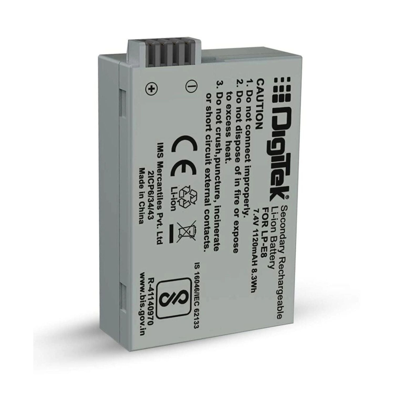 LP E8 lithium-ion rechargeable battery with +/โ terminals and printed specifications